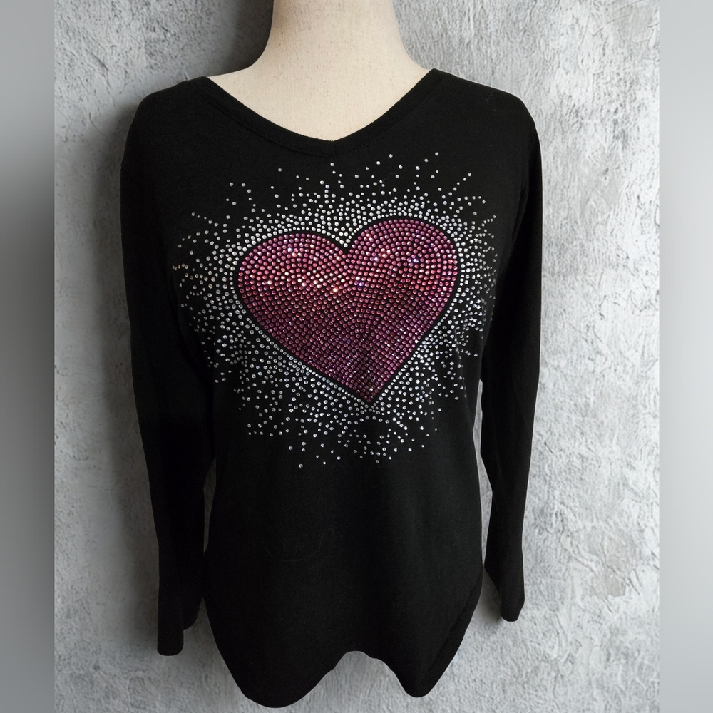 Black 💓 Heart 💓 Embellished Women's Top NWOT XL Valentines